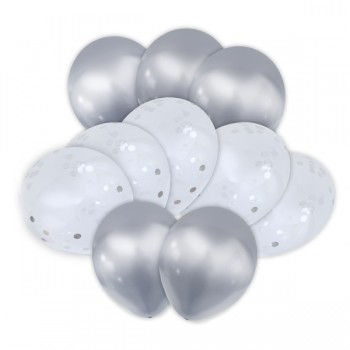 Zestaw balonów biało - srebrnych z konfetti  2